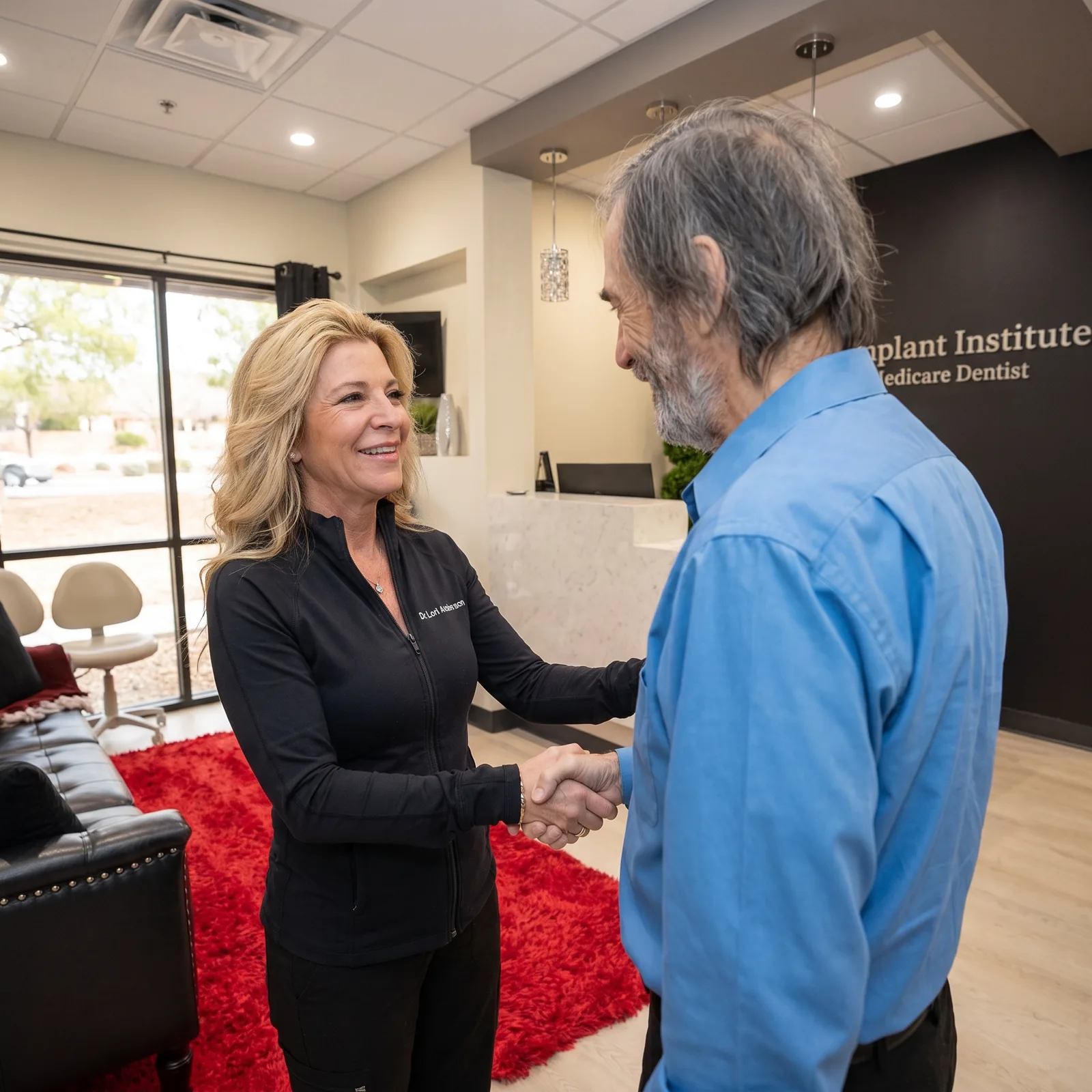 Dr. Lori Anderson greeting a man in the Dental Implant Institute reception area
